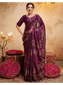 SATRANI - Wine Foil Printed Bandhani Chiffon Saree