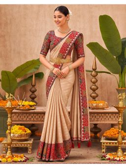 SATRANI - Beige Foil Printed Bandhani Silk Saree
