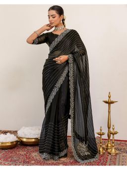 SATRANI - Black Stone Work Scalloped Border Chiffon Saree