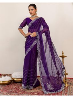SATRANI - Dark Purple Stone Work Scalloped Border Chiffon Saree