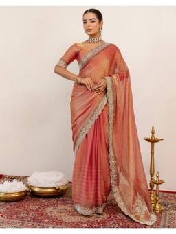 SATRANI - Rust Stone Work Scalloped Border Chiffon Saree
