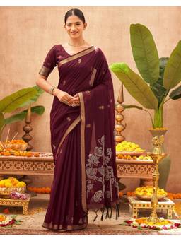 SATRANI - Dark Maroon Weaving Tassels Zari Border Chanderi Saree