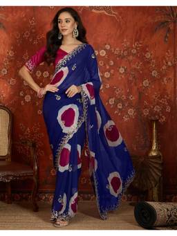 SATRANI - Blue Printed Scalloped Border Georgette Saree