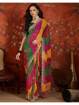 SATRANI - Multicolor Bandhani Printed Scalloped Border Georgette Saree