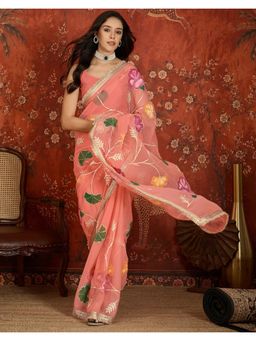 SATRANI - Peach Printed Gota Work Lace Georgette Saree