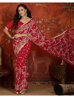 SATRANI - Red Bandhani Printed Gota Work Lace Georgette Saree