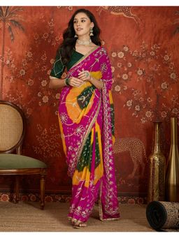 SATRANI - Pink Bandhani Printed Gota Work Lace Georgette Saree