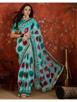 SATRANI - Light Turquoise Printed Gota Work Lace Georgette Saree