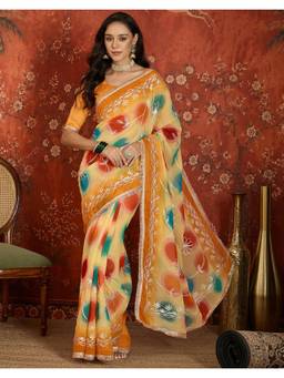 SATRANI - Light Yellow Printed Gota Work Lace Georgette Saree