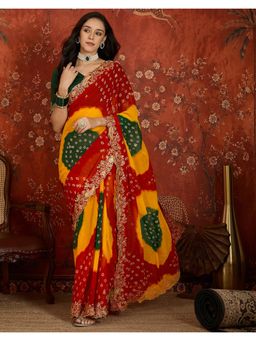 SATRANI - Bandhani Red Printed Scalloped Border Georgette Saree