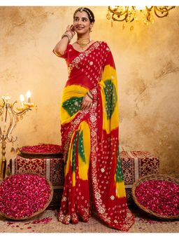 SATRANI - Red Printed Bandhani Scalloped Border Georgette Saree