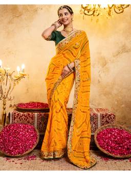 SATRANI - Bandhani Yellow Printed Georgette Saree
