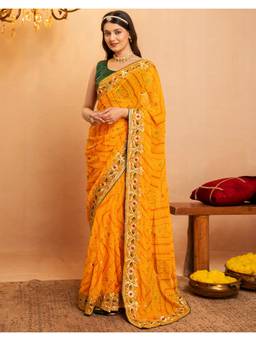 SATRANI - Yellow Bandhani Printed Georgette Saree