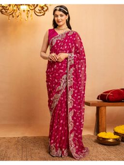 SATRANI - Bandhani Pink Printed Scalloped Border Georgette Saree