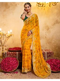 SATRANI - Bandhani Printed Yellow Scalloped Border Georgette Saree