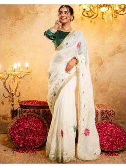 SATRANI - Off White Printed Gota Work Lace Georgette Saree