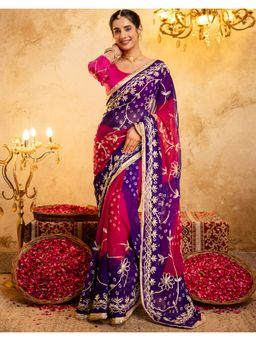SATRANI - Purple Bandhani Printed Gota Work Lace Georgette Saree