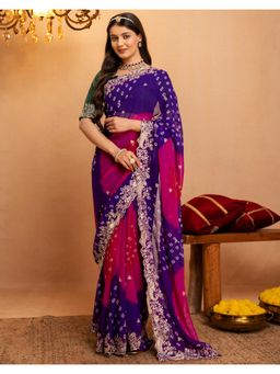 SATRANI - Blue Bandhani Printed Scalloped Border Georgette Saree