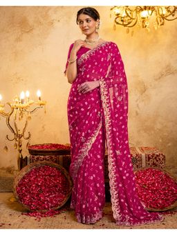 SATRANI - Printed Pink Bandhani Scalloped Border Georgette Saree