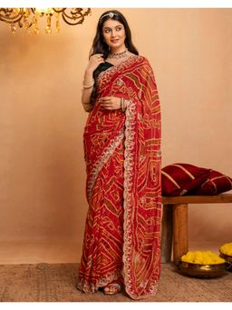 SATRANI - Red Bandhani Printed Scalloped Border Saree