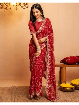 SATRANI - Red Bandhani Printed Georgette Border Saree