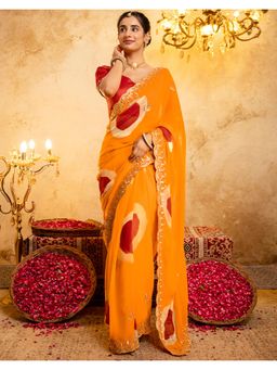SATRANI - Yellow Printed Scalloped Border Georgette Saree