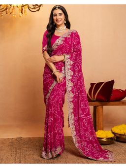 SATRANI - Pink Bandhani Printed Scalloped Border Saree