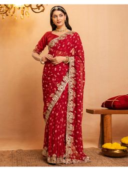 SATRANI - Red Bandhani Scalloped Border Print Georgette Saree