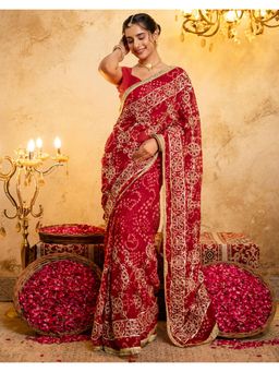 SATRANI - Dark Red Bandhani Printed Gota Work Lace Georgette Saree