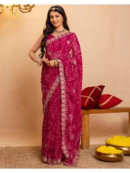 SATRANI - Pink Printed Bandhani Scalloped Border Georgette Saree