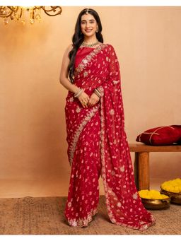 SATRANI - Red Print Bandhani Scalloped Border Georgette Saree