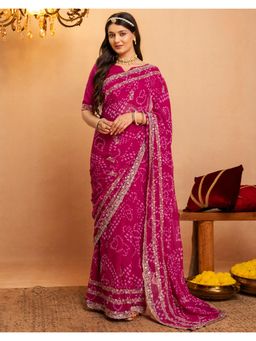 SATRANI - Pink Scalloped Border Bandhani Printed Georgette Saree