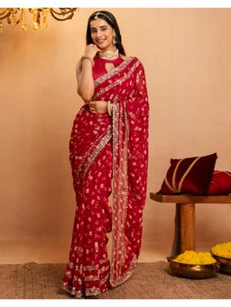 SATRANI - Bandhani Printed Red Scalloped Border Georgette Saree