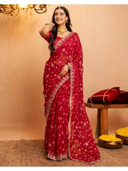 SATRANI - Red Bandhani Printed Georgette Scalloped Border Saree