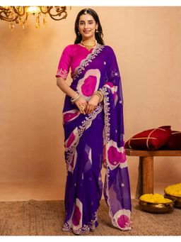SATRANI - Purple Printed Scalloped Border Georgette Saree