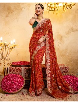 SATRANI - Bandhani Printed Scalloped Border Red Georgette Saree