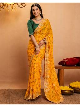 SATRANI - Yellow Bandhani Printed Scalloped Border Georgette Saree