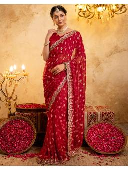 SATRANI - Red Georgette Bandhani Printed Scalloped Border Saree