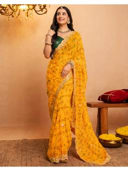 SATRANI - Bandhani Yellow Printed Scalloped Border Georgette Saree