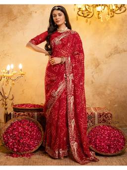 SATRANI - Bandhani Printed Scalloped Red Border Saree