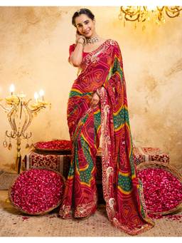 SATRANI - Red Bandhani Printed Border Georgette Saree