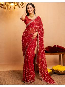 SATRANI - Georgette Red Bandhani Print Scalloped Border Saree