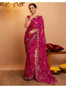 SATRANI - Pink Bandhani Printed Scalloped Border Georgette Saree