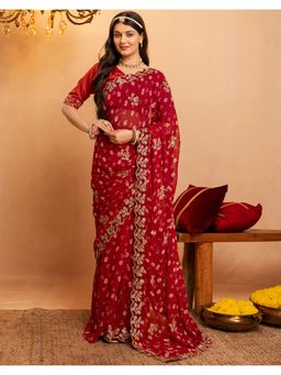 SATRANI - Red Bandhani Printed Scalloped Border Georgette Saree