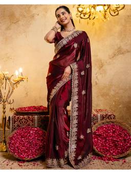 SATRANI - Dark Maroon Embroidery Scalloped Border Tissue Silk Saree