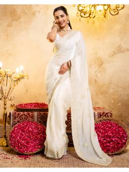 SATRANI - Off White Embroidery Scalloped Border Tissue Silk Saree