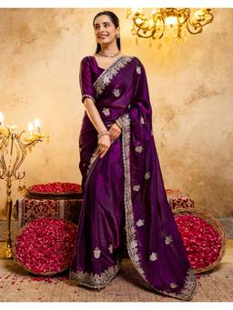 SATRANI - Purple Embroidery Scalloped Border Tissue Silk Saree