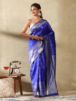 Garden VARELI - Women's Premium Elegant Blue Zari Art Silk Banarasi Saree