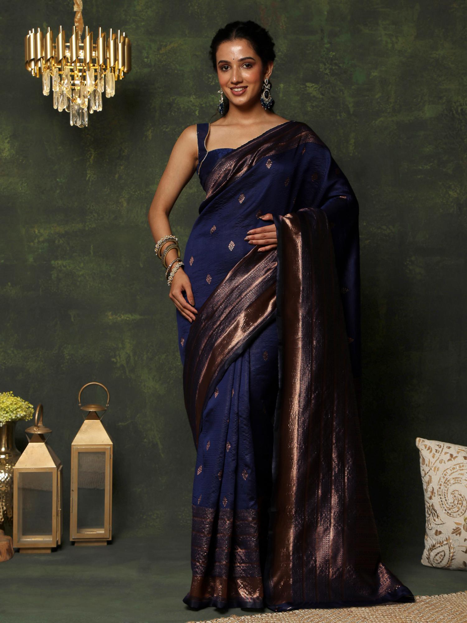 Women's Luxury Traditional Dark Navy Blue Zari Art Silk Banarasi Saree-image-12
