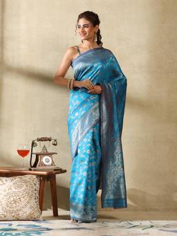 Garden VARELI - Women's Stylish Elegant Sky Blue Zari Art Silk Banarasi Saree